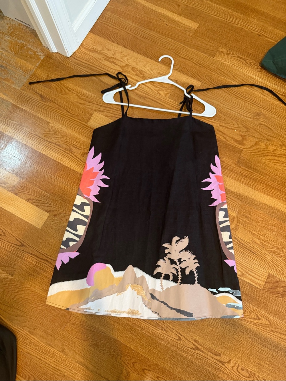 Las Suernas Ipanema Black Tropical Print Tie-Strap Dress
